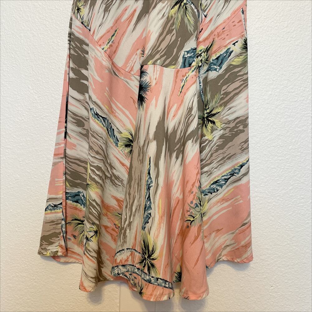 Vintage Kauaiana Palm Print Trumpet Style Maxi Dress Pink Gray White Small - Picture 8 of 13